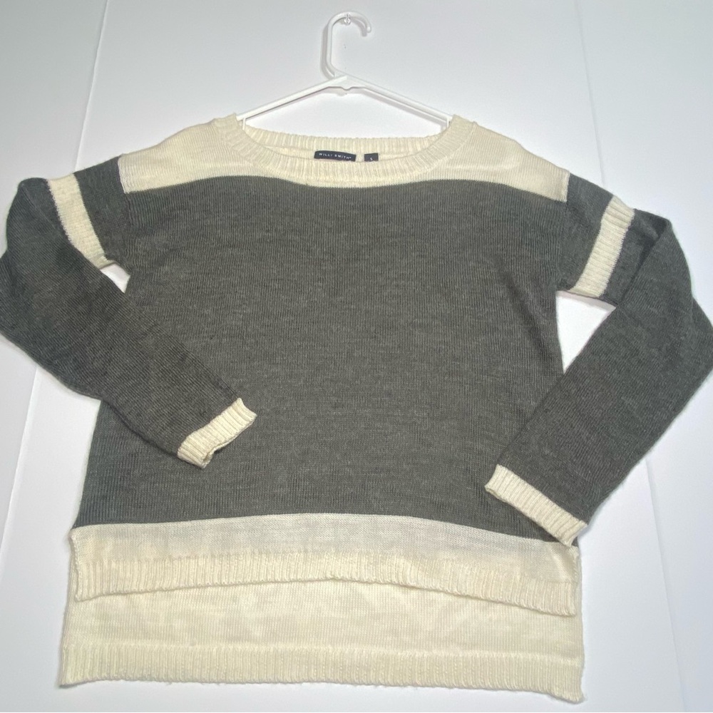Willi Smith Women's Sweater Small Gray Cream Colorblock Stripe Wool Blend Hi Lo